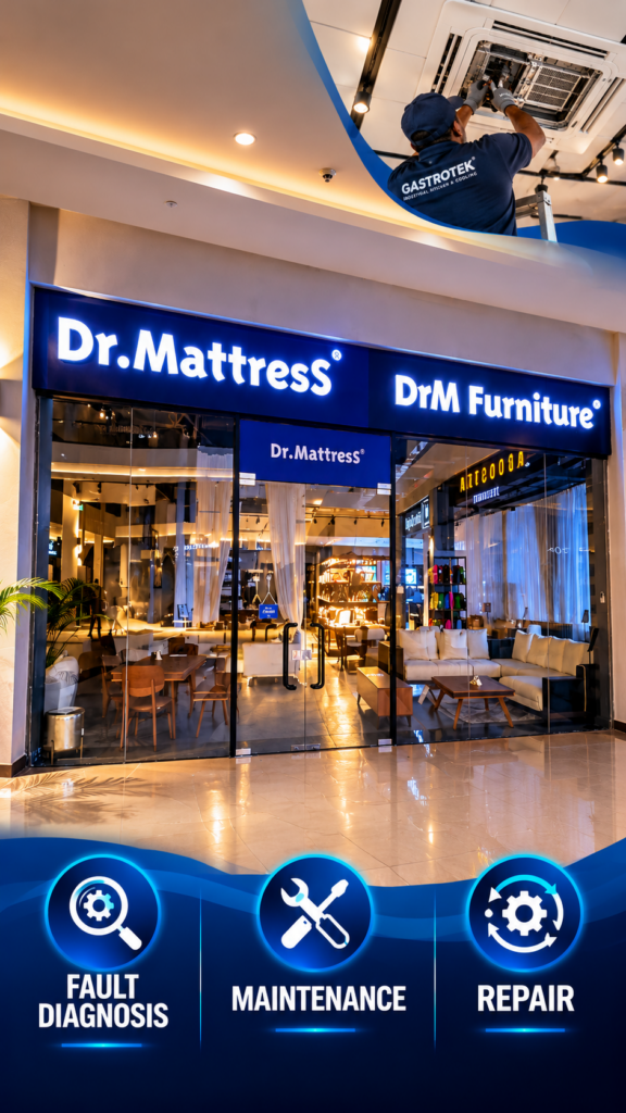 Air conditioning maintenance, fault diagnosis and repair by Gastrotek at DrM Furniture Mombasa